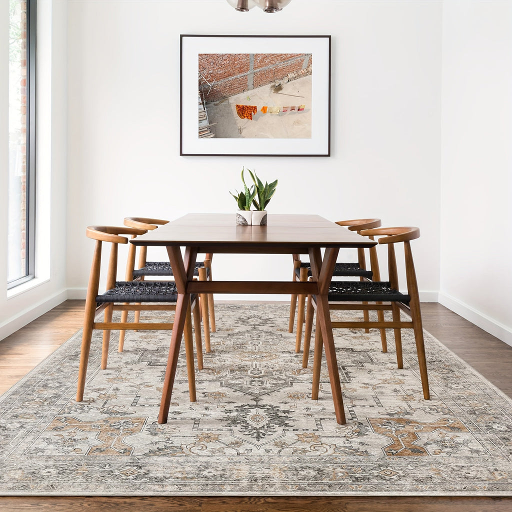 Vintage Chenille Area Rug Non-Slip Machine Washable ¨C Retro Print Lightweight Carpet for Living Room, Bedroom, Dining Area & Home Office ¨C Light Taupe Brown, 8 Sizes