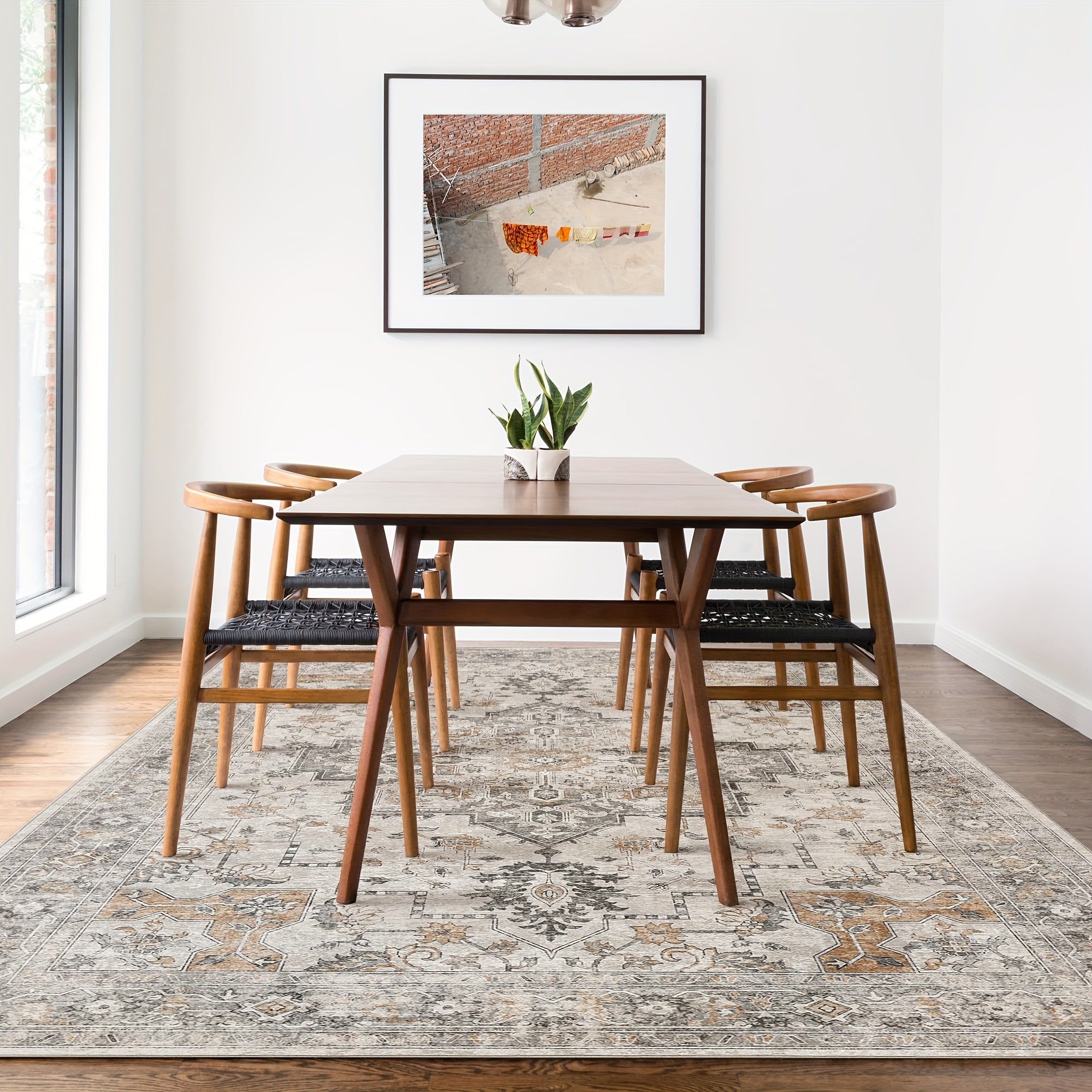 Vintage Chenille Area Rug Non-Slip Machine Washable ¨C Retro Print Lightweight Carpet for Living Room, Bedroom, Dining Area & Home Office ¨C Light Taupe Brown, 8 Sizes