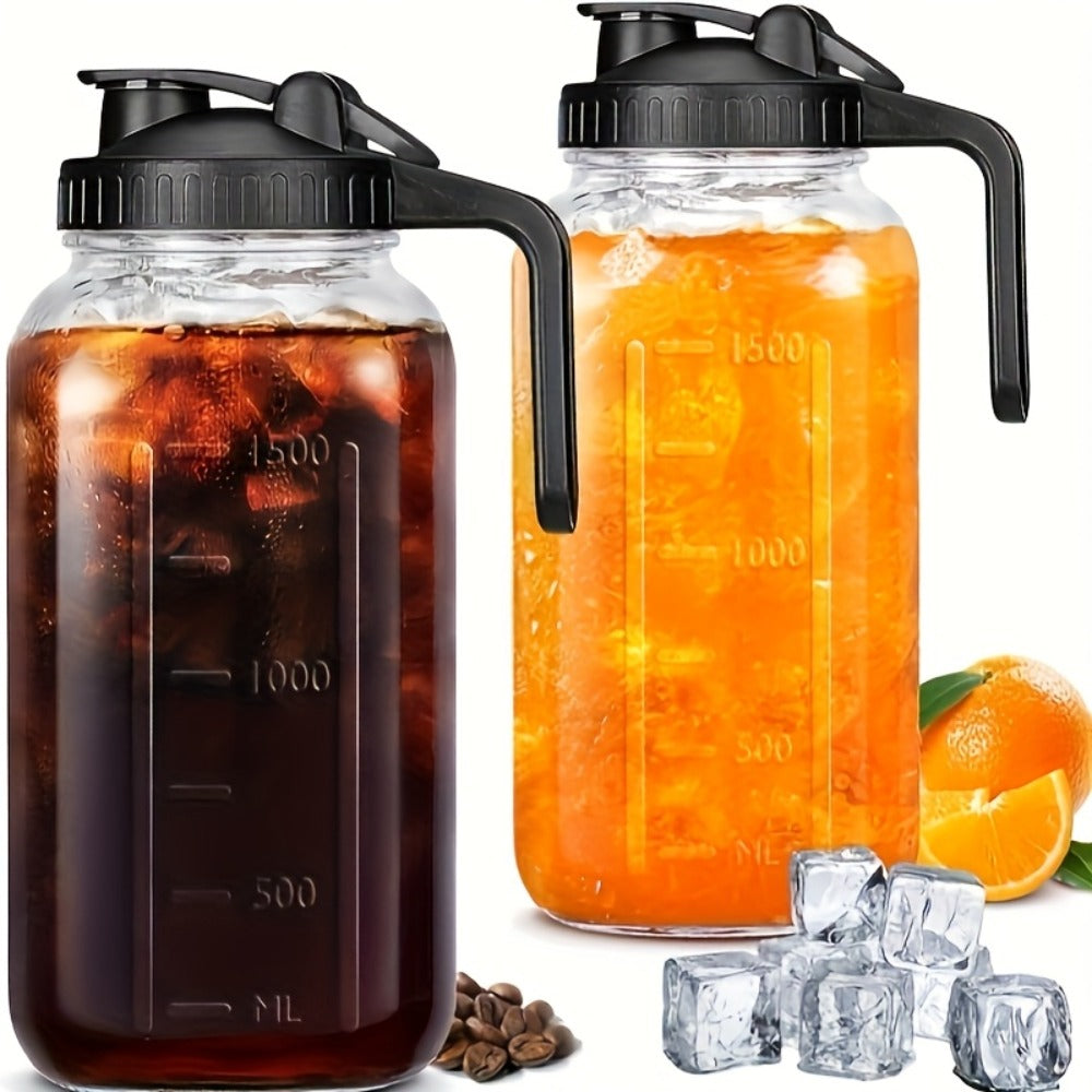 64oz Mason Jar with Handle and Lid 2/3 Pack ¨C BPA-Free Borosilicate Glass Beverage Carafe, Leak-Proof Drinking Jar for Juice, Water, Iced Tea