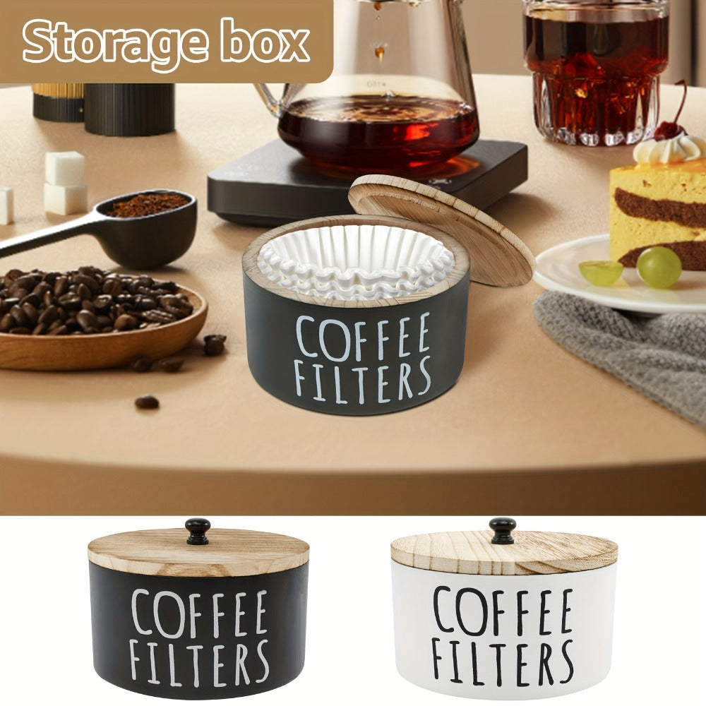 Wooden Coffee Filter Holder with Lid ¨C Large Capacity Rustic Round Organizer Dispenser for Coffee Filters & Tea Bags, Bamboo Lid, Kitchen Countertop Coffee Bar Decor