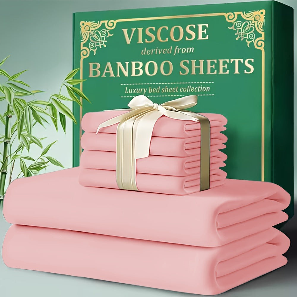 Bamboo Cooling Bed Sheet Set 4pcs - Ultra Soft Breathable Deep Pocket Fitted Sheets, 2200TC Cooling Fabric, Shrink & Wrinkle Resistant, All-Season Bedding