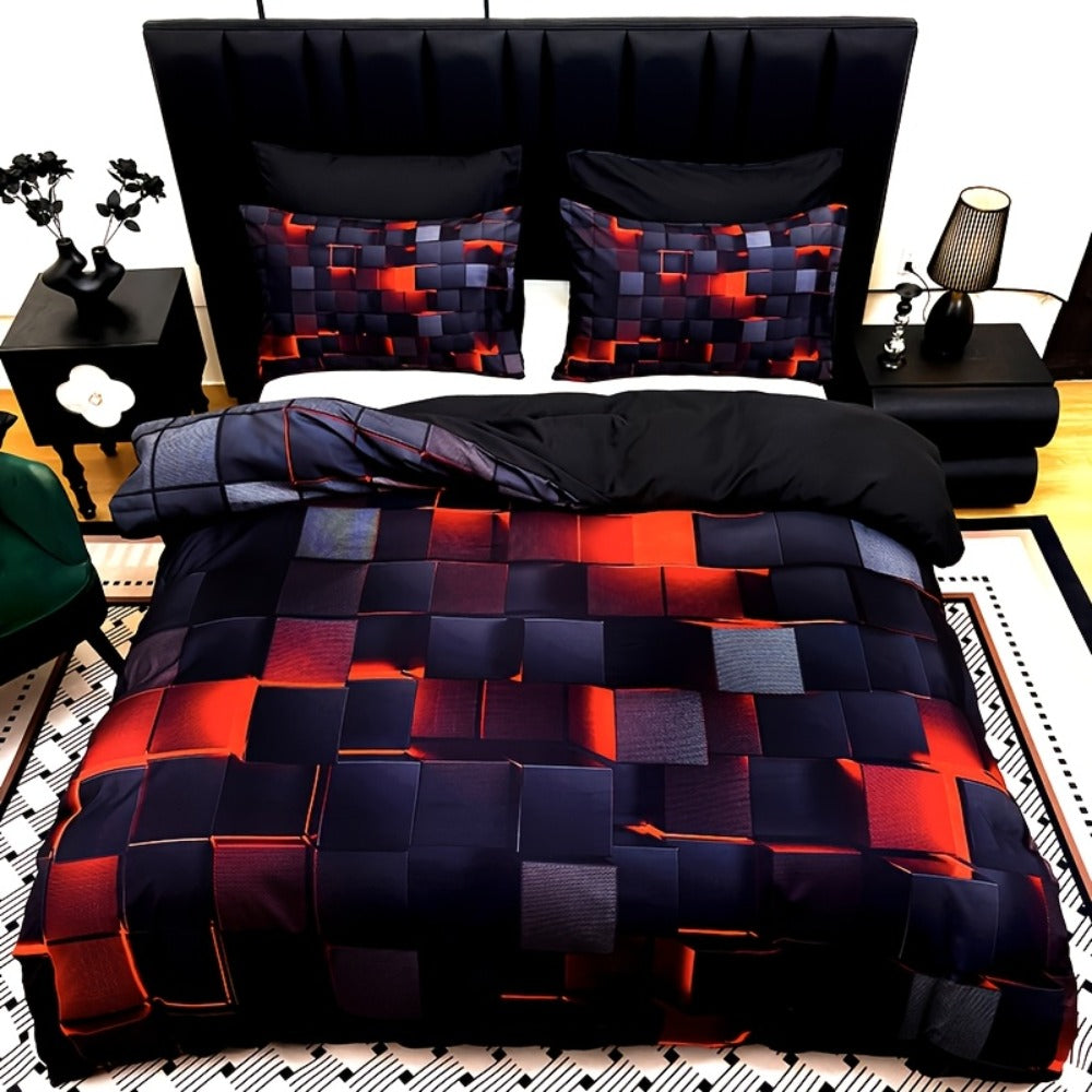 Duvet Cover Set 3 Piece Plaid Digital Print Polyester Bedding All Season Twin Full Queen King Size with Pillowcases Purple Blue Red