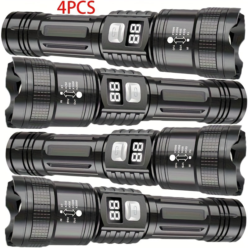 Rechargeable LED Flashlight Set 4pcs - Super Bright Zoomable Tactical Flashlight with USB Charging, IP65 Waterproof, Long Range High-Power Work Light for Camping, Hiking, Emergency & Outdoor Survival