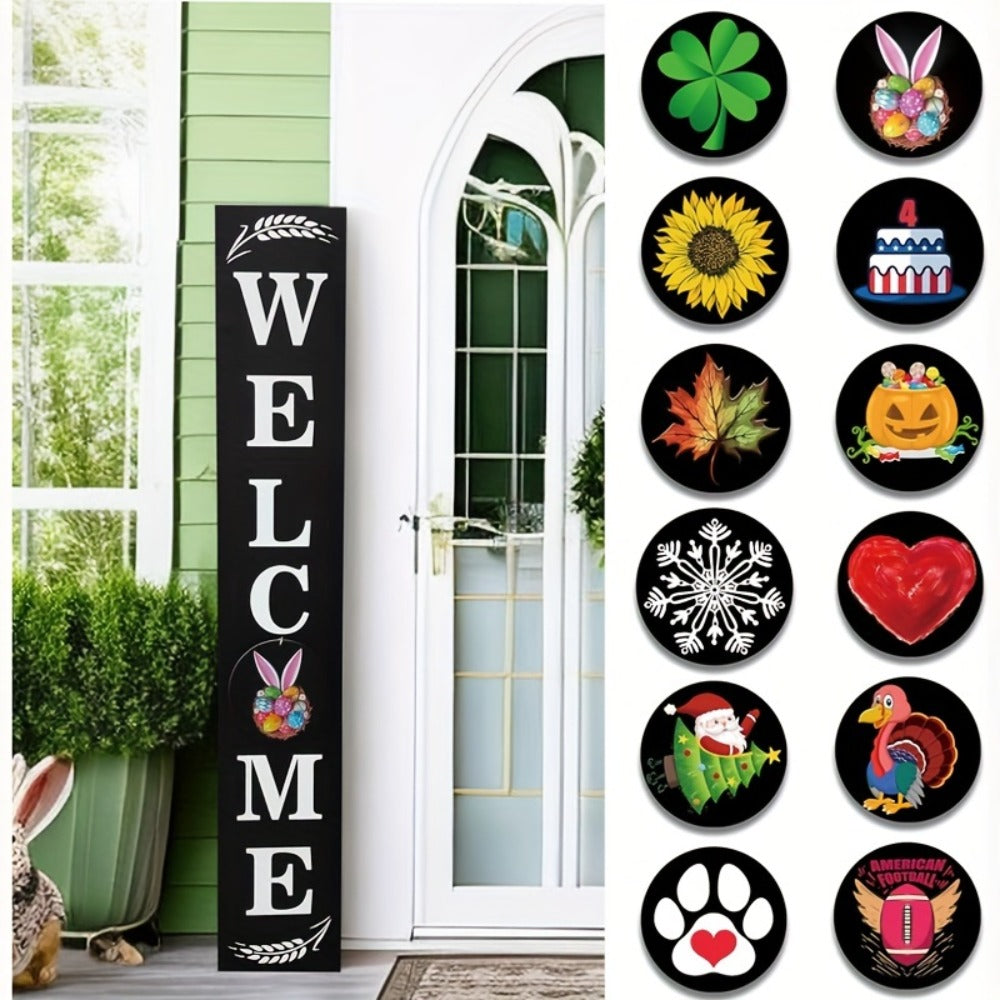 Porch Sign with 12 Interchangeable Seasonal Icons 47 Inch Tall - Welcome Sign for Front Door, Wind Resistant Leaner Board for Patio Yard Farmhouse Entryway, 4th of July Independence Day Decor