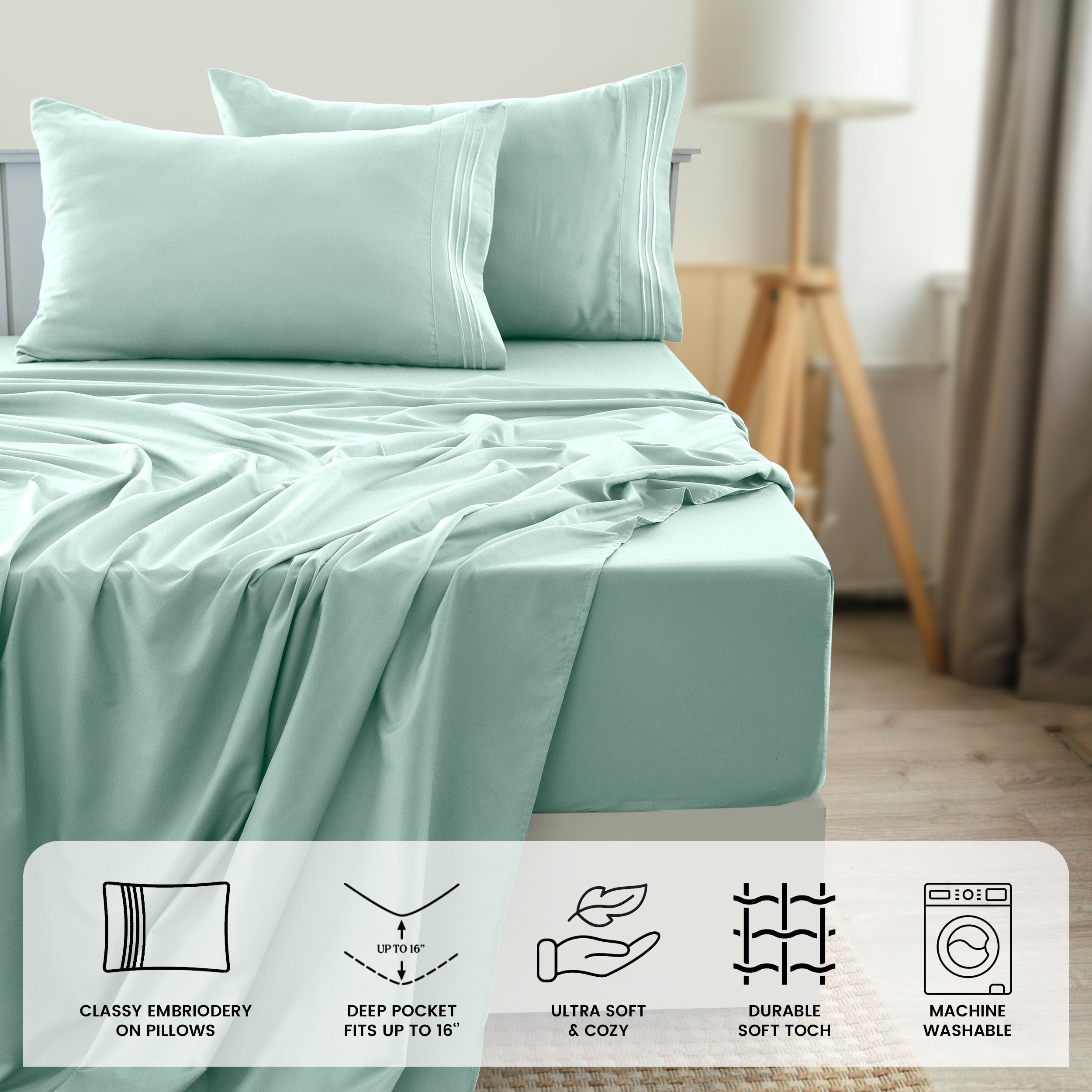 Fitted Sheet Set 6-Piece Brushed Polyester Deep Pocket Bed Sheets 20 Colors Hotel Luxury Soft Bedding with Embroidered Pillowcases