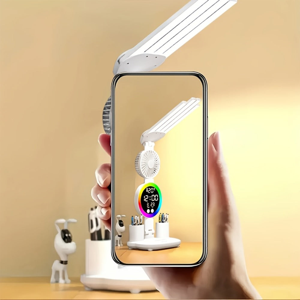 LED Desk Lamp with Built-in Fan & Touch Control | Dual Head Adjustable | USB Charging | 3 Color Modes Dimmable | Smart Display Clock | Eye-Caring Reading Lamp for Home Office Dorm Study