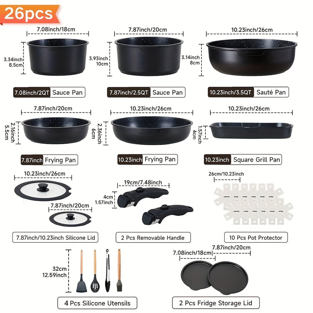 Detachable Handle Cookware Set 16 & 26 Piece Non-Stick PFOA-Free ¨C Stackable Space-Saving Pots and Pans | Oven Safe 480¡ãF Induction Compatible | RV Camping Kitchen Cooking Set in Black & Beige