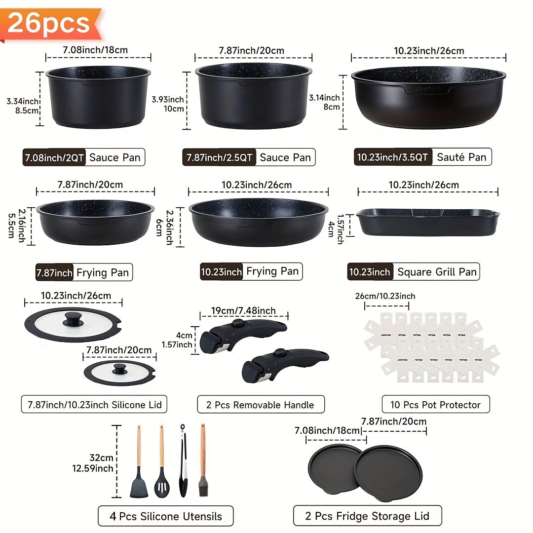 Detachable Handle Cookware Set 16 & 26 Piece Non-Stick PFOA-Free ¨C Stackable Space-Saving Pots and Pans | Oven Safe 480¡ãF Induction Compatible | RV Camping Kitchen Cooking Set in Black & Beige