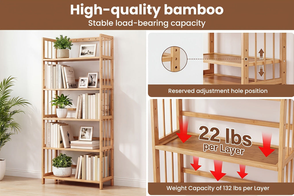 Bamboo Bookshelf Narrow 4 Tier Adjustable Shelves Wooden Bookcase Storage Shelf Organizer for Small Spaces Bedroom Living Room Home Office Standing Shelf