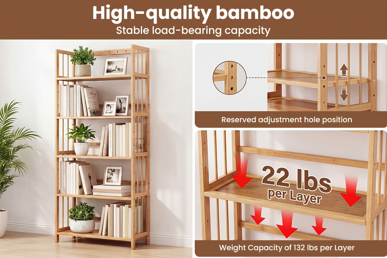 Bamboo Bookshelf Narrow 4 Tier Adjustable Shelves Wooden Bookcase Storage Shelf Organizer for Small Spaces Bedroom Living Room Home Office Standing Shelf