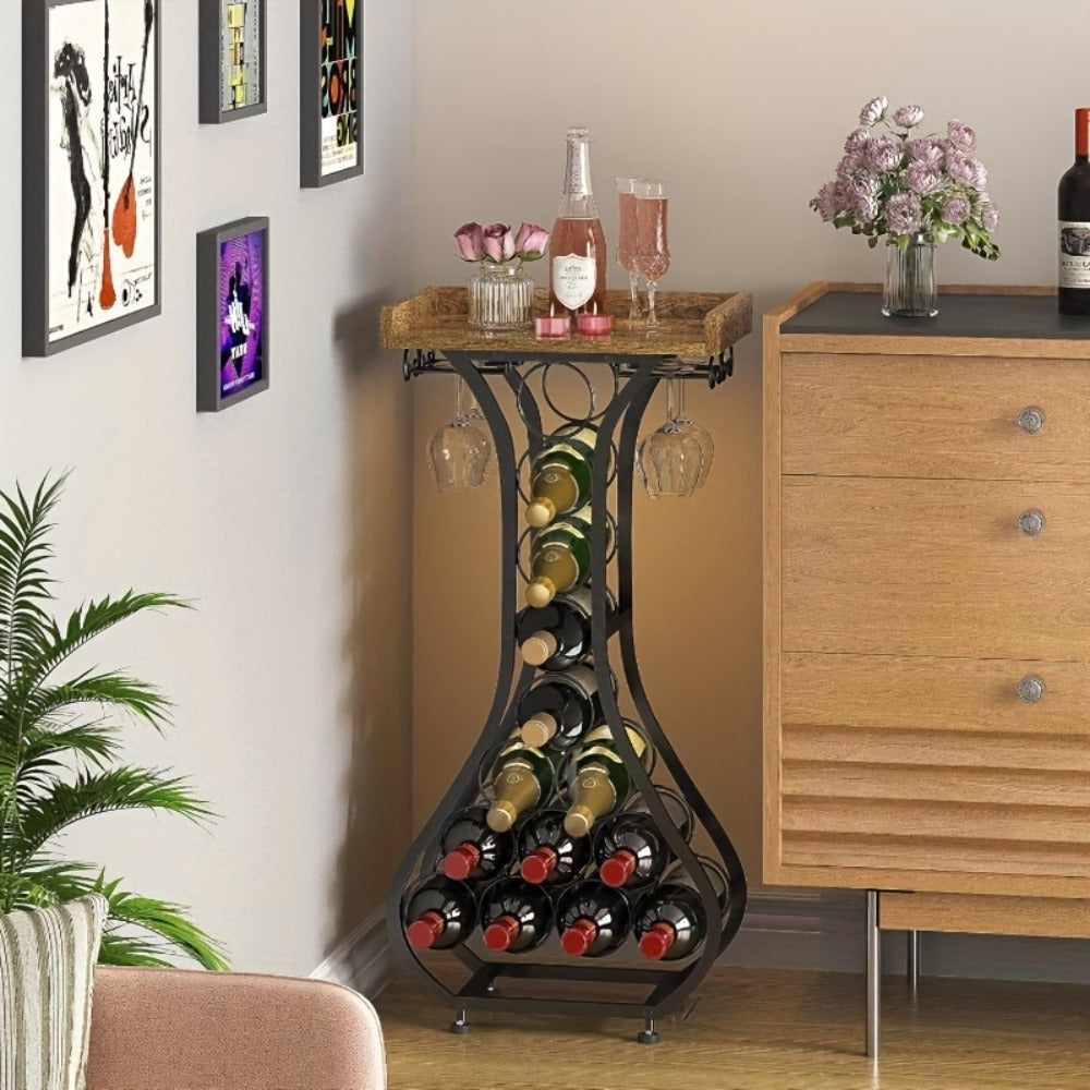 Freestanding Wine Rack Floor 14 Bottles Mini Bar Table Stand Liquor Cabinet with Glass Holder Wood Tabletop Wine Storage for Home Bar Kitchen Living Room Black