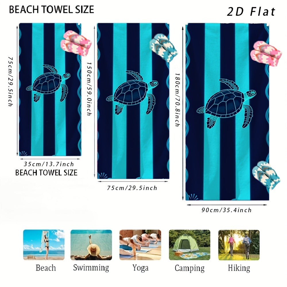 Sea Turtle Beach Towel, Blue Striped Nautical Print, Soft Absorbent Microfiber, Stylized Wave Pattern, Ideal for Beach Trips, Pool Days & Summer Vacations, Lightweight Coastal Design