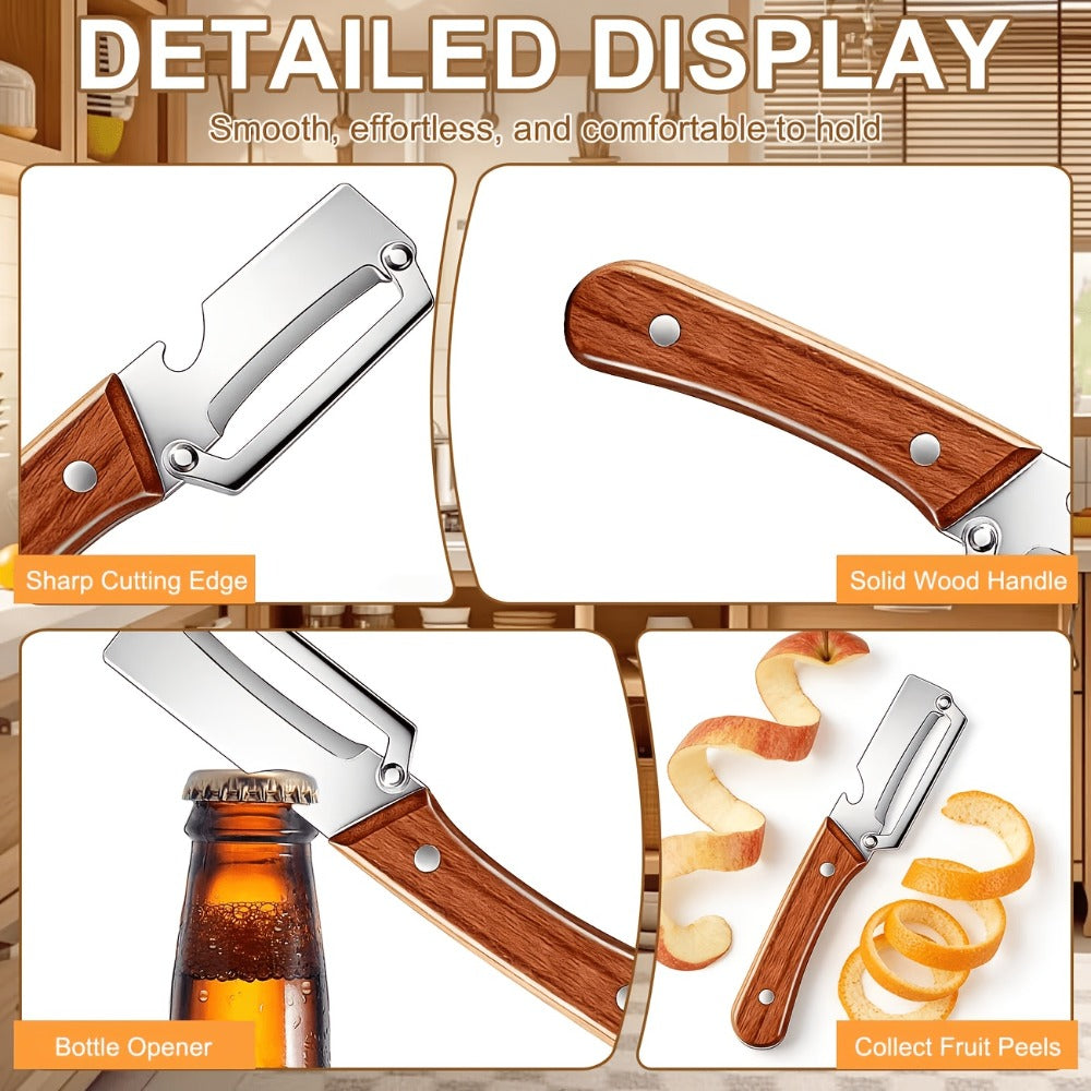 Stainless Steel Vegetable Peeler Set 2pcs ¨C Multi-functional Kitchen Peeler with Scallion Cutter, Straight Blade, Wooden Handle & Bottle Opener
