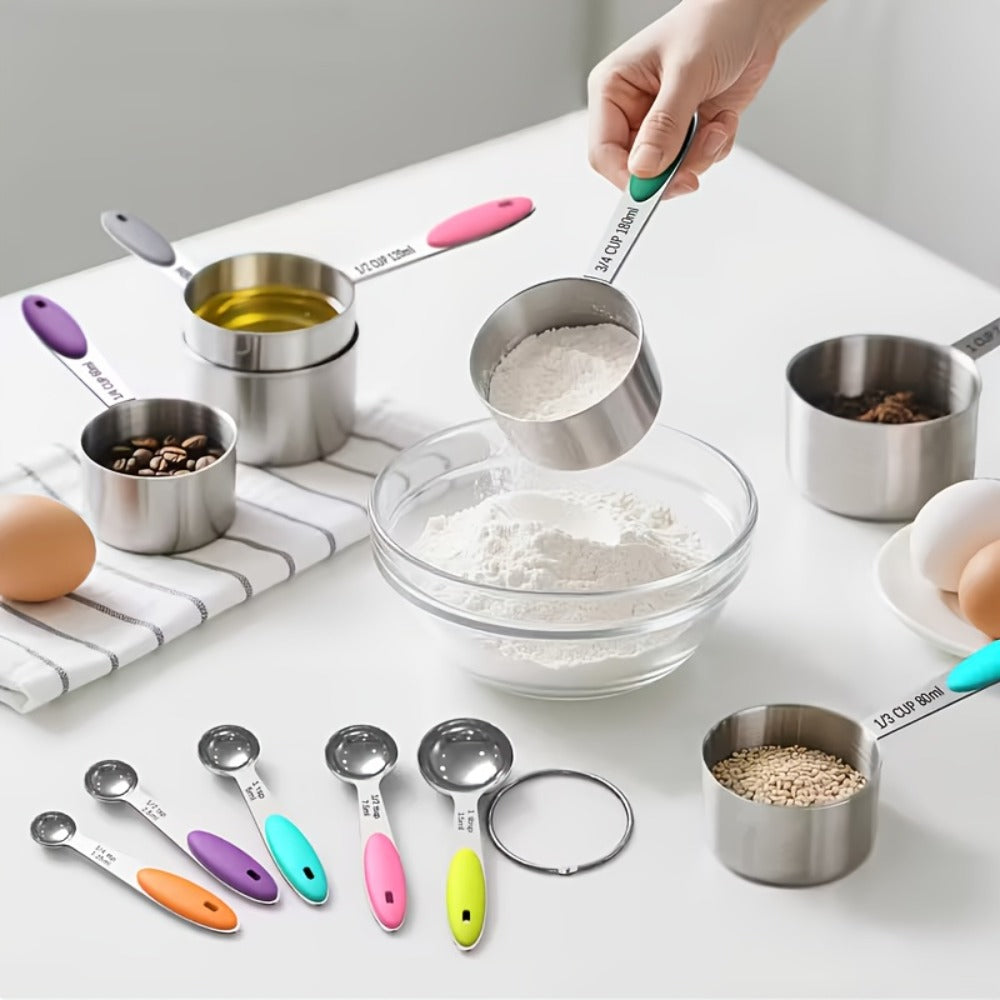 Measuring Cups and Spoons Set 10-Piece Stainless Steel with Silicone Handle ¨C Precise Baking & Cooking Measurement Tools | Dishwasher Safe | Christmas Kitchen Gift