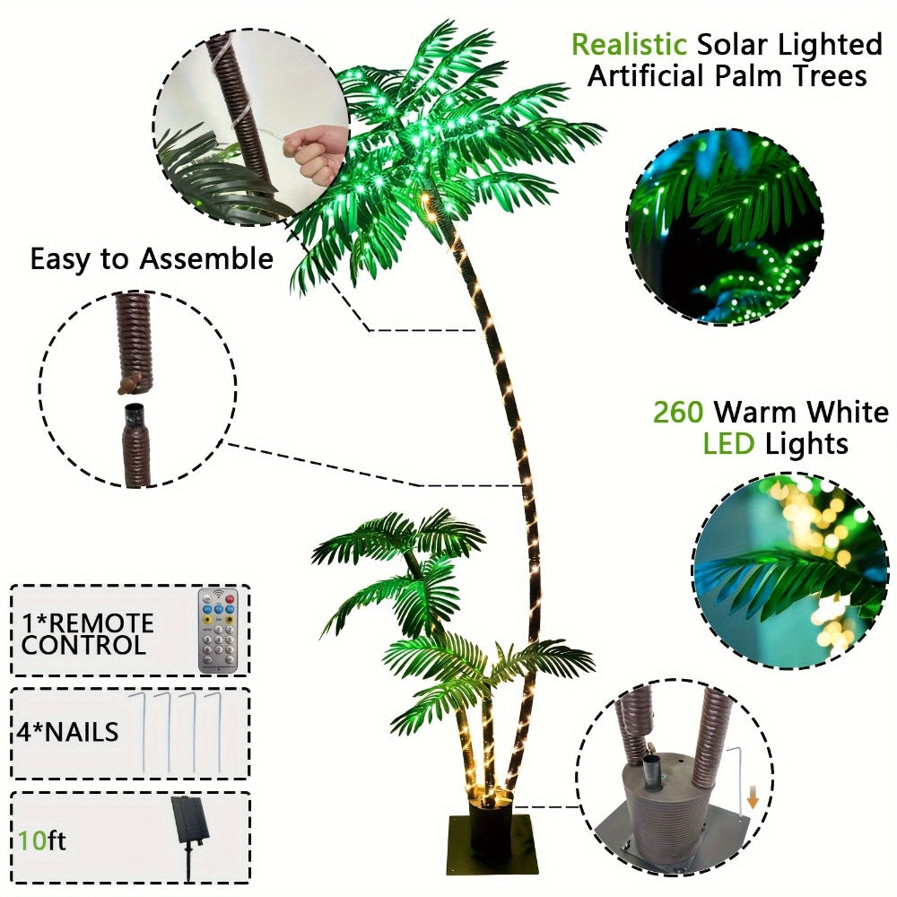 Lighted Artificial Palm Tree Solar Powered 7FT with 3 Trunks & 260 LED Lights, 8 Lighting Modes 2600mAh Battery, Outdoor Indoor Fake Palm Tree Decor for Tiki Bar Patio Yard Pool Beach Party