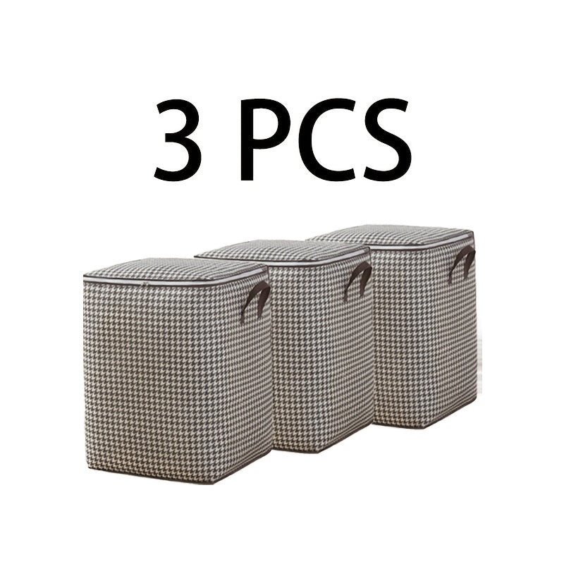 Large Storage Bags Houndstooth Non-Woven Fabric Organizer with Double Zipper & Handles ¨C 160L/180L Dustproof Foldable Storage Box for Bedroom, Closet, Moving, Travel & Dorm, 1pc or 3pcs Set