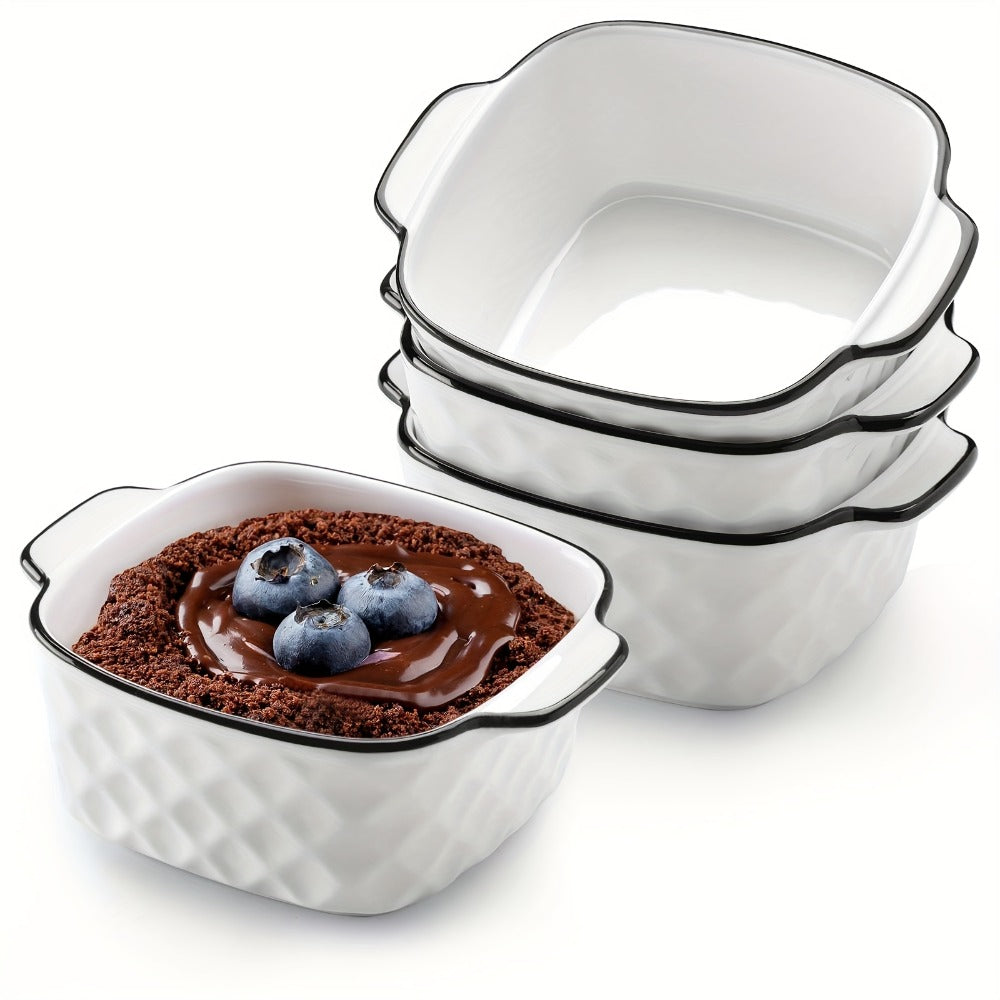 Ceramic Baking Dish Set 4-Piece, 13oz Small Square Ceramic Casserole Dishes with Handles, Diamond Design Oven & Microwave Safe Bakeware, 5.7x4.5x2.2 Inch Air Fryer Ceramic Dishes for Individual Servings