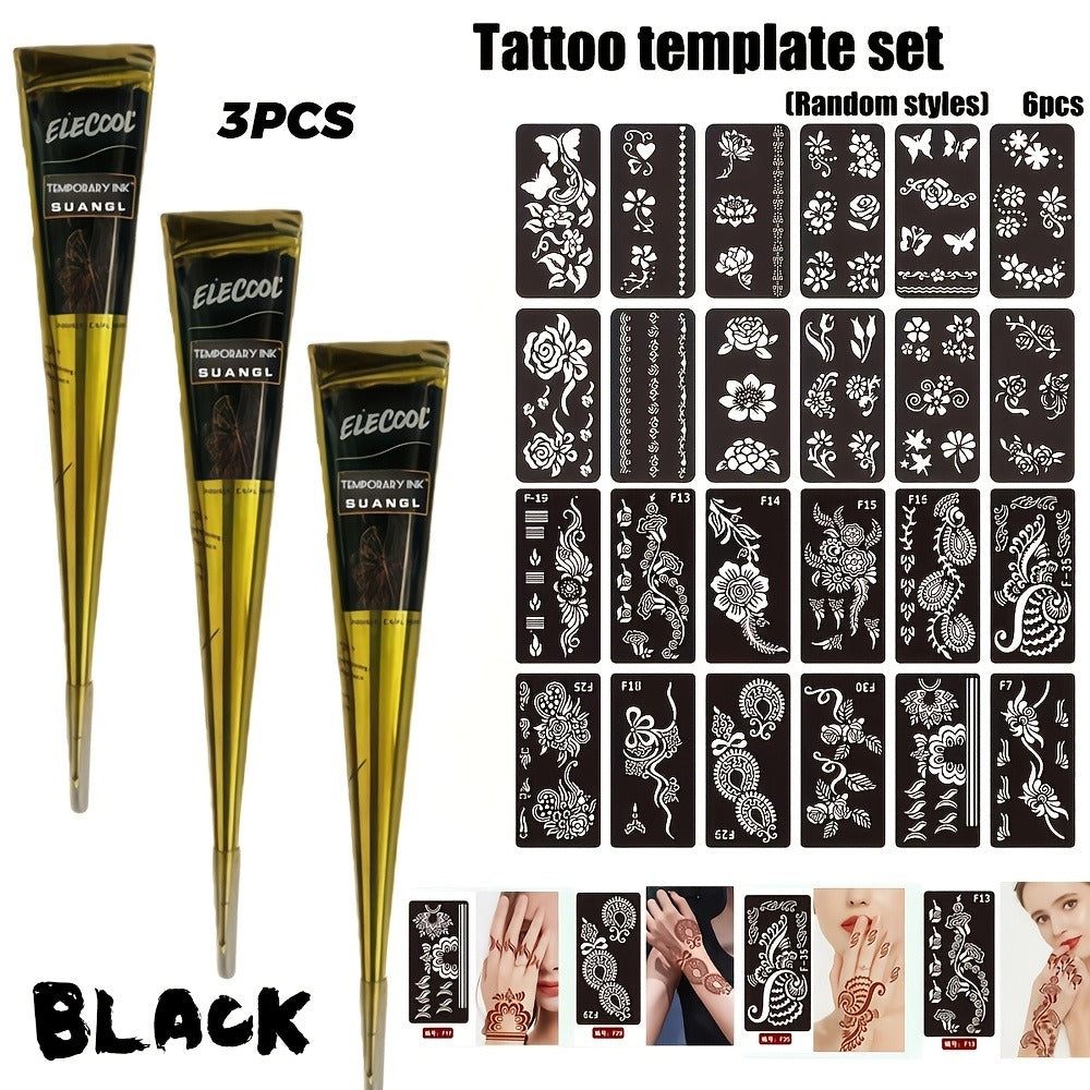 Temporary Semi-Permanent Tattoo Paste Kit - Waterproof Body Art Gel in Brown & Black with Tattoo Templates, Safe Non-Irritating Henna-Style Ink for Parties, Festivals, Cosplay & Daily Decoration