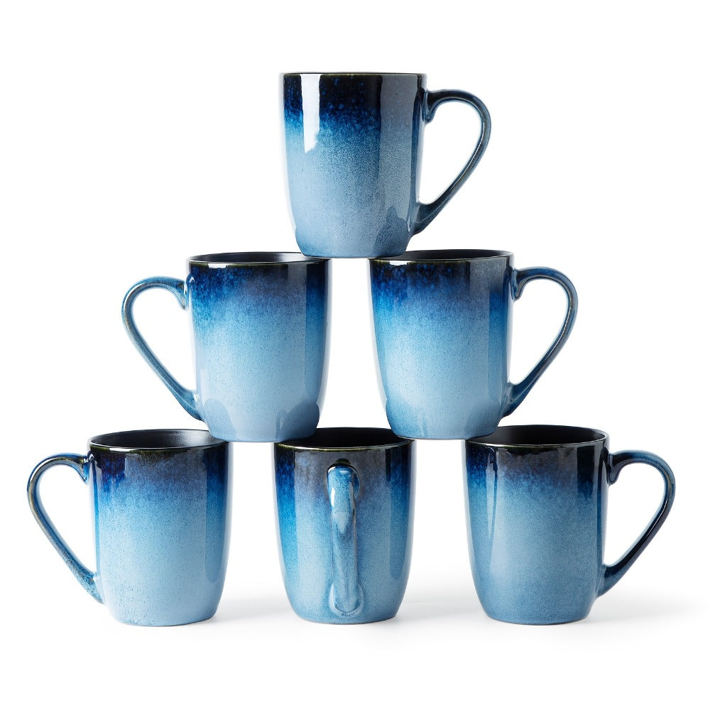 Gradient Blue Ceramic Mugs Set of 6 ¨C 14 Oz Reaction Glaze Coffee Mugs ¨C Durable Stain-Resistant Unique Design ¨C Perfect for Coffee, Tea & Gifting at Weddings, Parties & Holidays