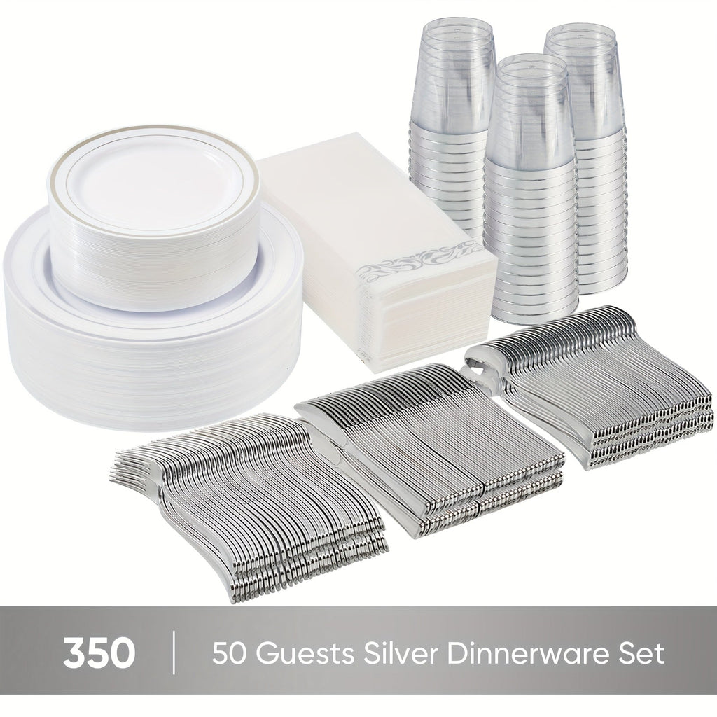 Disposable Party Dinnerware Set 350 700 Pieces Gold Silver Plastic Plates Salad Plates Cutlery Cups Napkins for 50 100 Guests Wedding Birthday Graduation Party