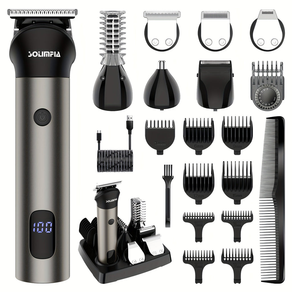 7-in-1 Hair Clipper Grooming Kit for Men Professional Cordless Barber Trimmer Set Beard Nose Body Hair USB Rechargeable 9 Guide Combs Self-Sharpening Blade Home Barber Kit Black