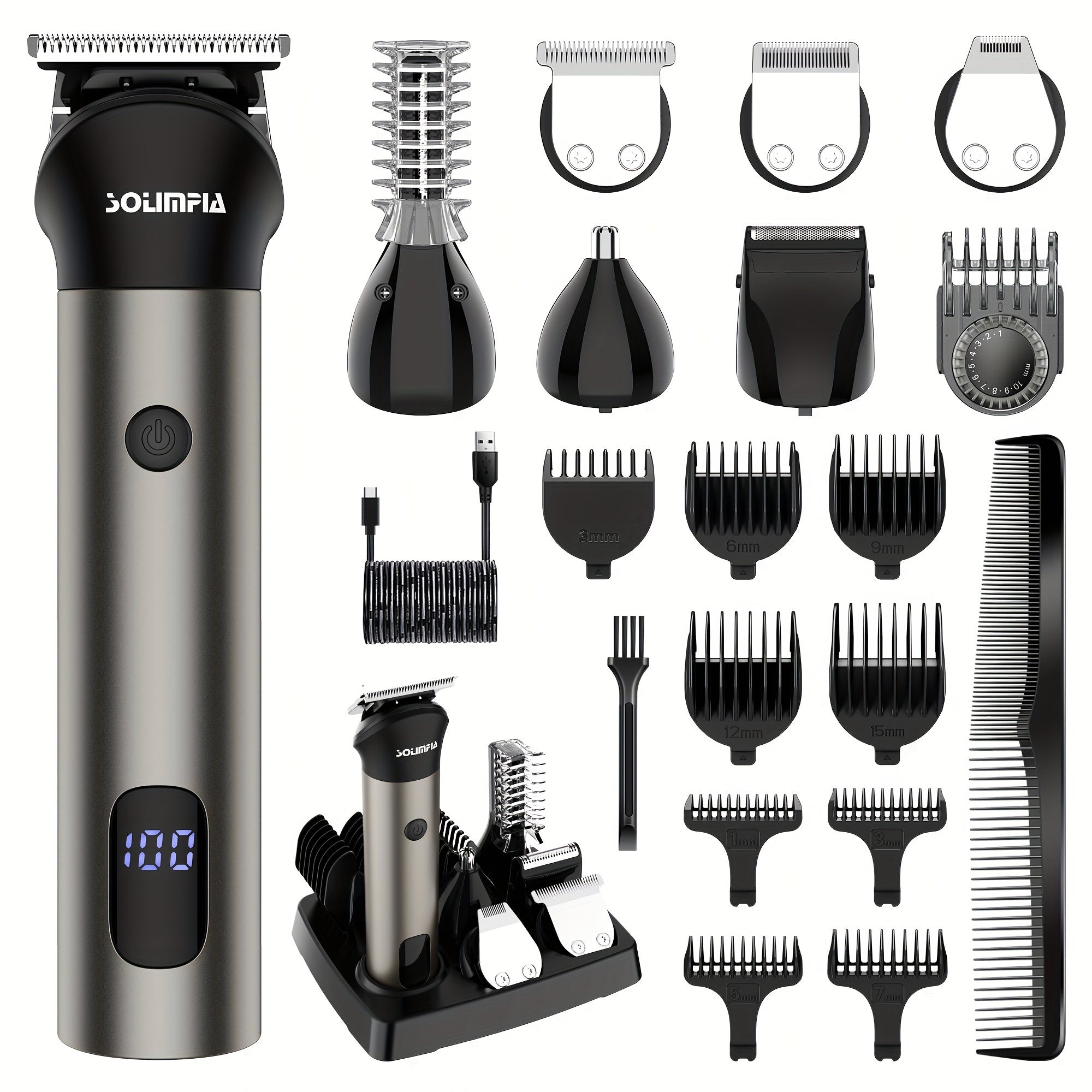 7-in-1 Hair Clipper Grooming Kit for Men Professional Cordless Barber Trimmer Set Beard Nose Body Hair USB Rechargeable 9 Guide Combs Self-Sharpening Blade Home Barber Kit Black