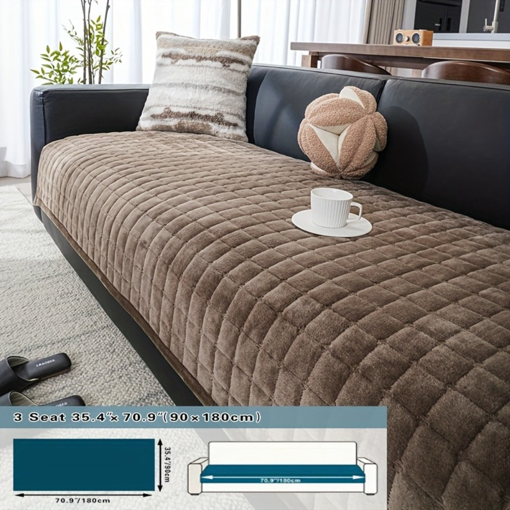 Sofa Cushion Cover Flannel Non-Slip Bohemian Style Soft Plush Couch Cover - Machine Washable Solid Color Slipcover for 2/3/4-Seater Sofa Living Room Bedroom Office, Coffee Gray White, Easy Care