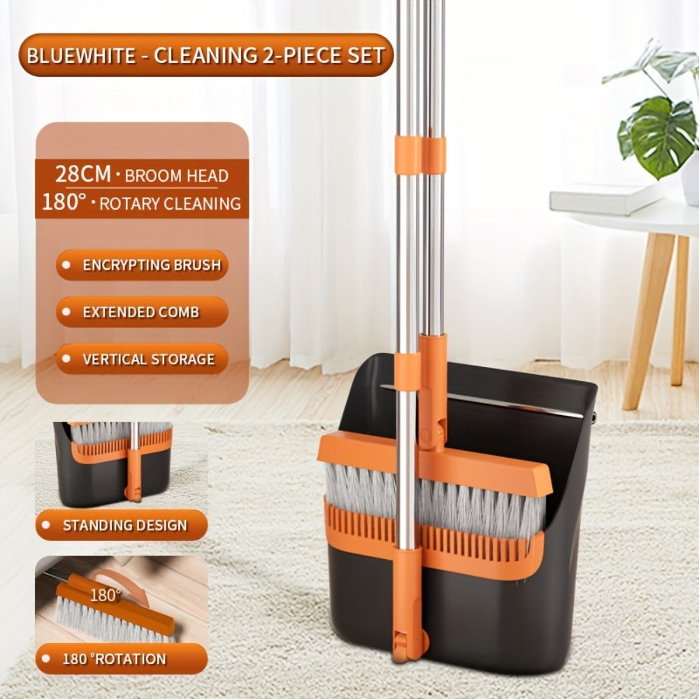 Folding Broom and Dustpan Set 50 Inch Extended Handle - Dense Elastic Bristles Wide Deep Dustpan for Dust Hair Debris, Foldable Broom for Home Kitchen Bathroom Bedroom Living Room, Blue White Black Orange Khaki