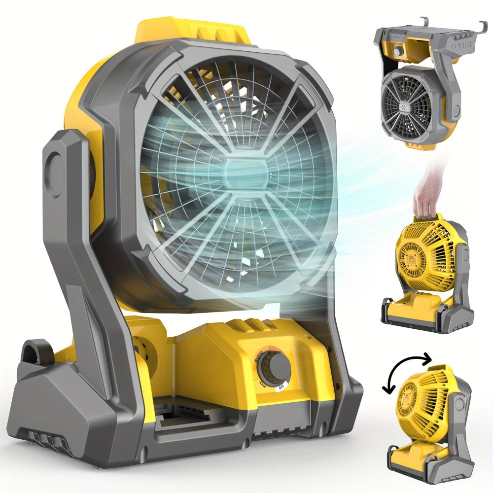Cordless Camping Fan Compatible with DeWalt 20V Max Battery Adjustable Speed 180 Degree Tilt Built-in LED Light Hook for Hanging Portable Outdoor Fan Yellow Battery Not Included