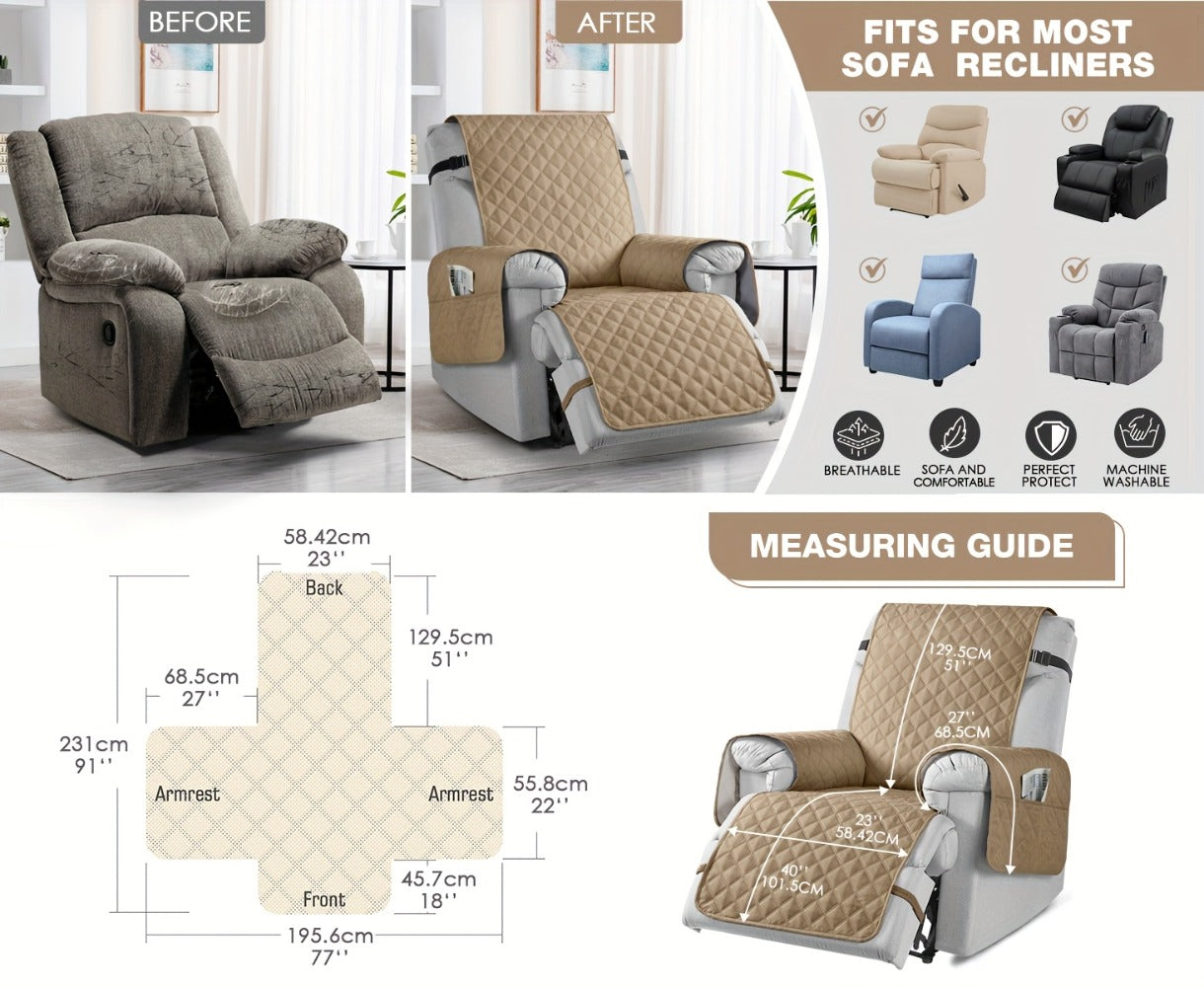 Waterproof Recliner Chair Cover with Pocket | Non-Slip Washable Reclining Sofa Protector for Dogs Cats, Adjustable Strap