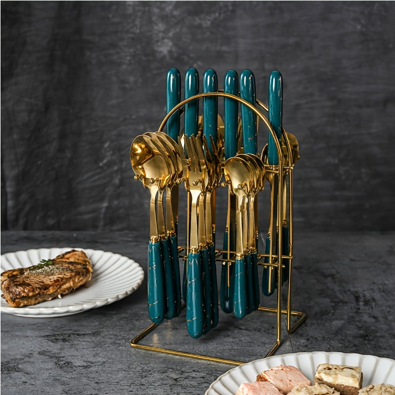 Marble Pattern Cutlery Set 24pcs - Dinner Forks Soup Spoons Teaspoons for Home Hotel Restaurant