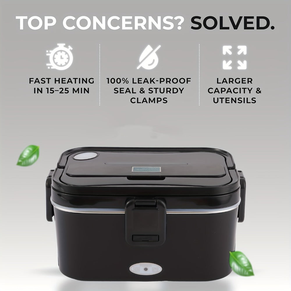 Electric Lunch Box Portable Food Warmer 60oz ¨C 110V Home & 12V/24V Car Heated Meal Container, Stainless Steel, Leak-Proof with Insulated Bag & Fork for Office, Truck, Travel & Camping