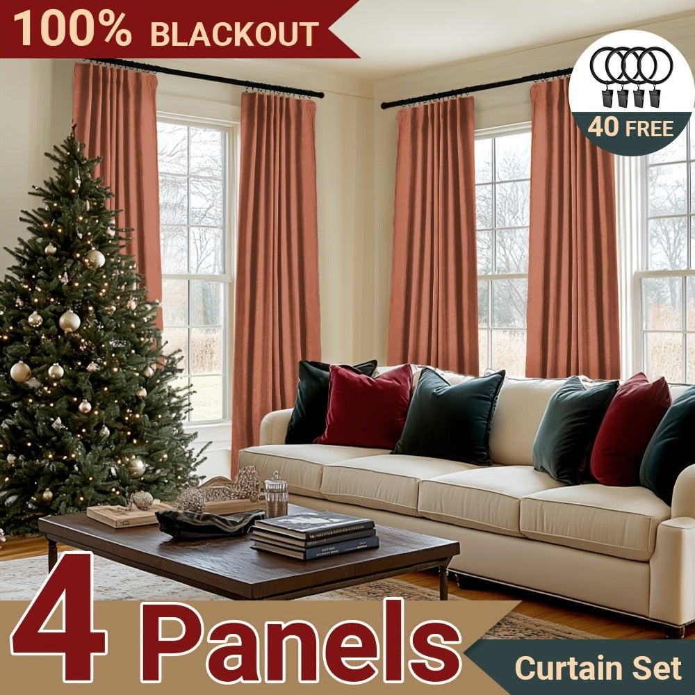 100% Blackout Curtains 4 Panels Faux Linen Textured Thermal Insulated Drapes - Room Darkening Window Curtains for Living Room Bedroom, Clip Rings & Rod Pocket, Energy Efficient Home Decor 50W x 84-120L