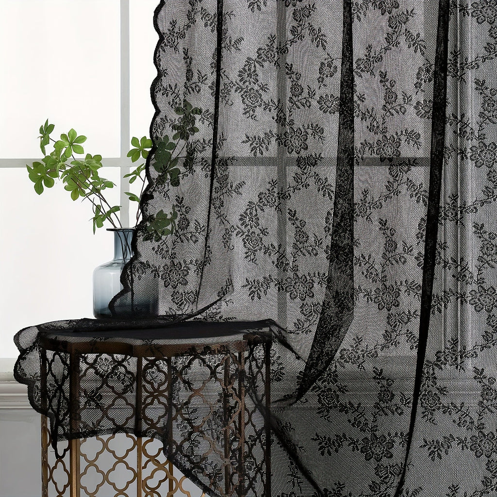 Sheer Lace Curtains 2 Panels Bohemian Floral Semi-Transparent Rod Pocket Window Curtains for Living Room Bedroom All Seasons