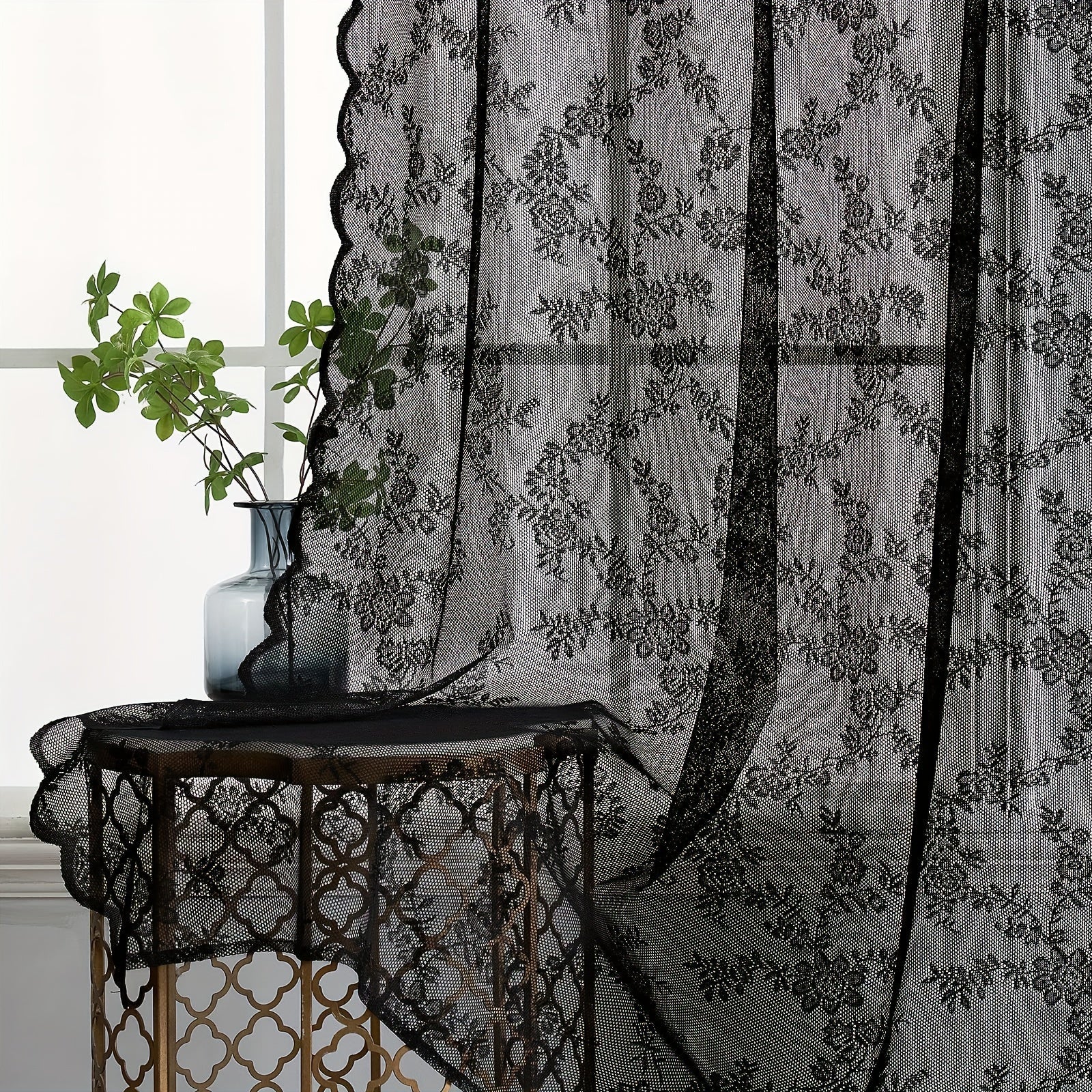 Sheer Lace Curtains 2 Panels Bohemian Floral Semi-Transparent Rod Pocket Window Curtains for Living Room Bedroom All Seasons