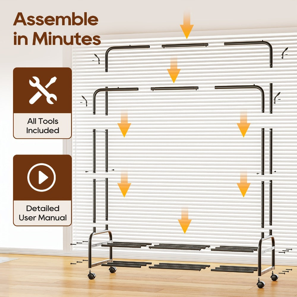 Double Rod Clothes Rack with Wheels Metal Heavy Duty Garment Rack with Shelves and Hooks Portable Closet Organizer for Bedroom Living Room Gold