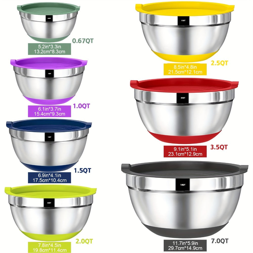 Stainless Steel Mixing Bowls with Airtight Lids 20-Piece Set ¨C Non-Slip Silicone Bottom, Nesting Bowls in 7 Sizes (0.67¨C7 QT) for Mixing, Baking & Serving ¨C Kitchen Bowl Set with Lids