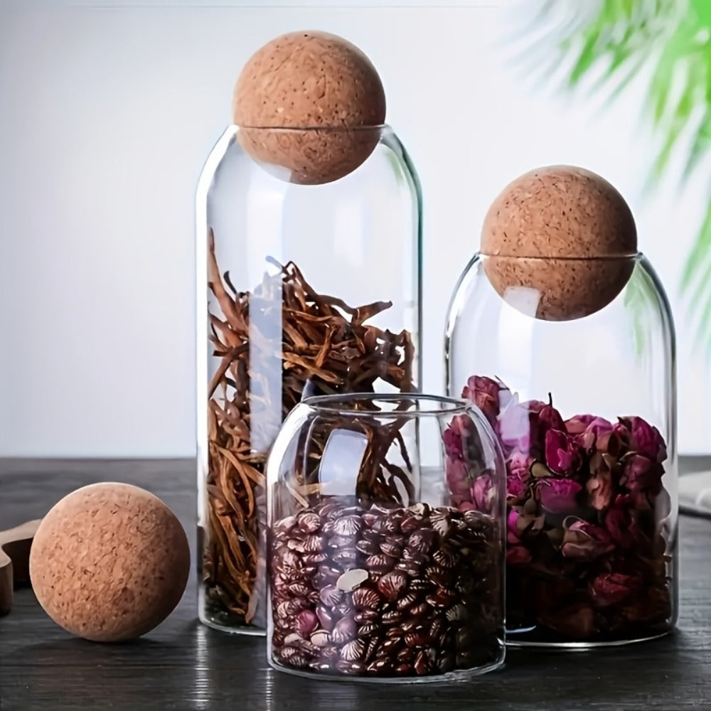 Glass Storage Jars with Cork Lid Set of 3 | 17oz 500ml Airtight Glass Containers with Spherical Cork Stopper | Kitchen Organizer for Tea Nuts Candy Spices Dried Flowers