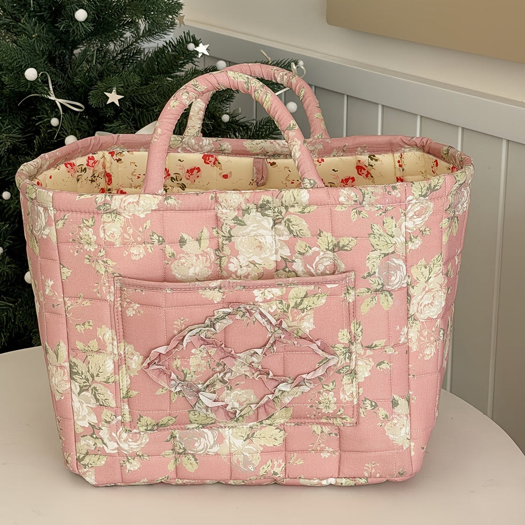 Floral Storage Basket Large Capacity Quilted Vintage Flower Pattern Portable Home Organizer Basket for Shelf Bedroom Closet Living Room Pink Peony Red Marigold Boho Decor