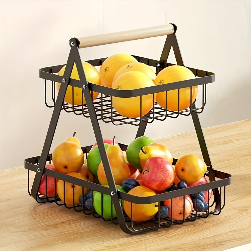 Metal Wire Bathroom Storage Basket with Wooden Handle Multi-Tier Countertop Organizer Detachable Fruit Basket Kitchen Pantry Bedroom Desk Organization