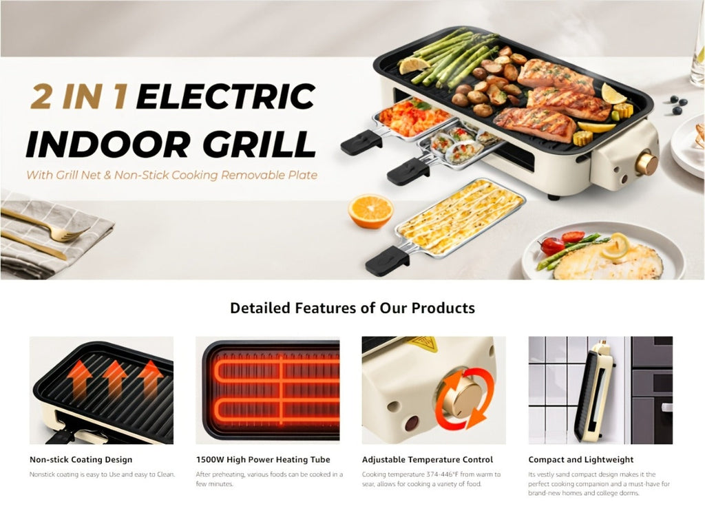 Electric Grill 2-in-1 Indoor BBQ & Frying Pan ¨C 1500W Temperature Control, Non-Stick Detachable Cooking Board, Portable Electric Grill for Meat, Dishwasher Safe, Christmas Gift Idea with Gift Bag