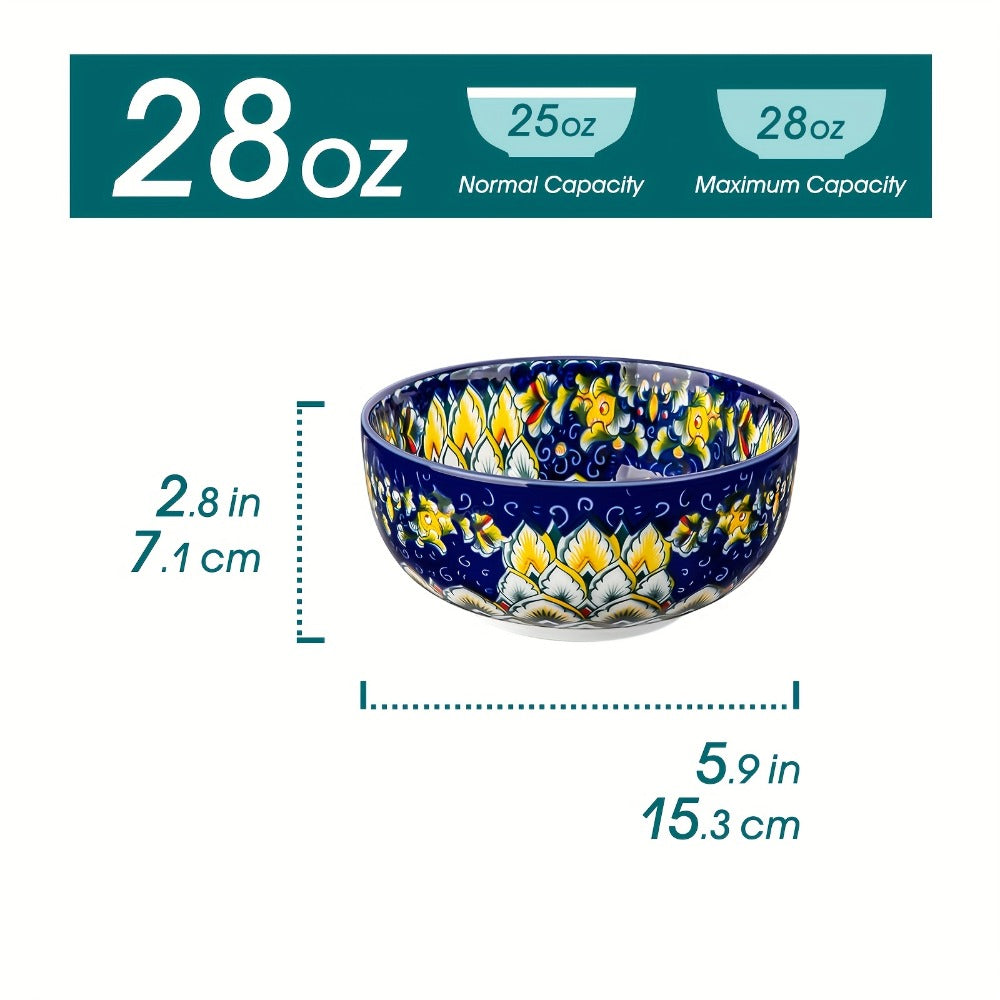 Cereal Bowl Set of 6 Bohemian Style 26oz ¨C Colorful Ceramic Bowls for Cereal Soup Oatmeal Salad Ice Cream Pasta Microwave Dishwasher Safe Boho Kitchen Decor Gift for Home