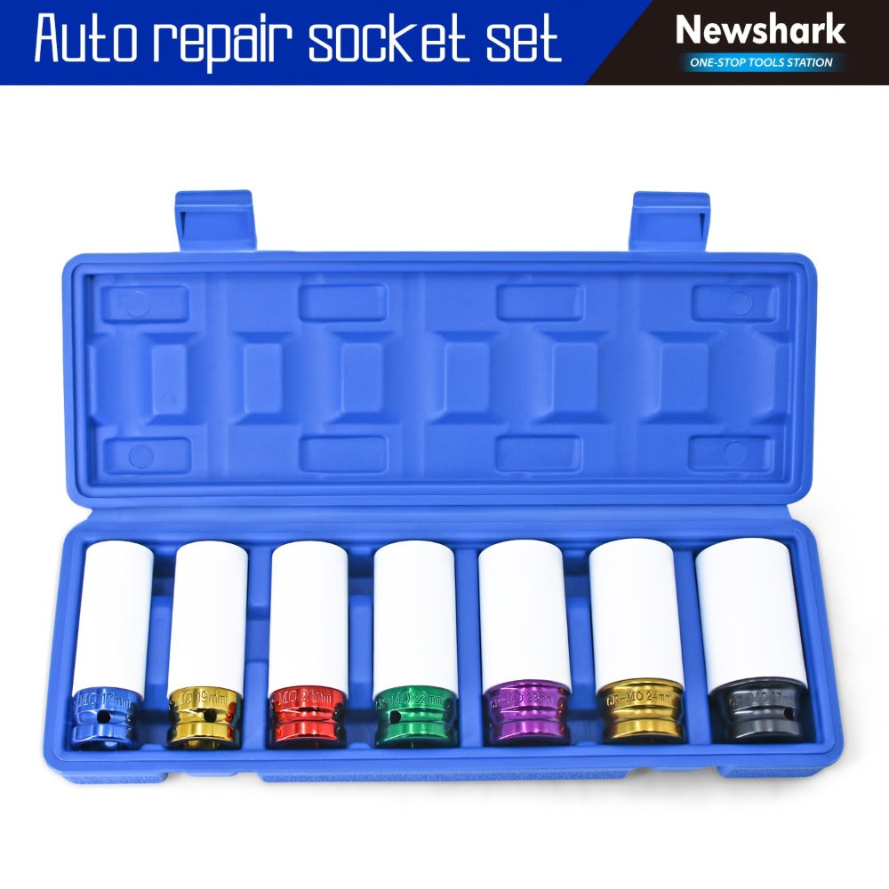 Lug Nut Socket Set 7-Piece 1/2¡± Drive ¨C Metric 17/19/21/22/23/24/27mm Thin Wall Impact Wheel Sockets with White Protective Covers for Car, Truck & SUV Tire Changes