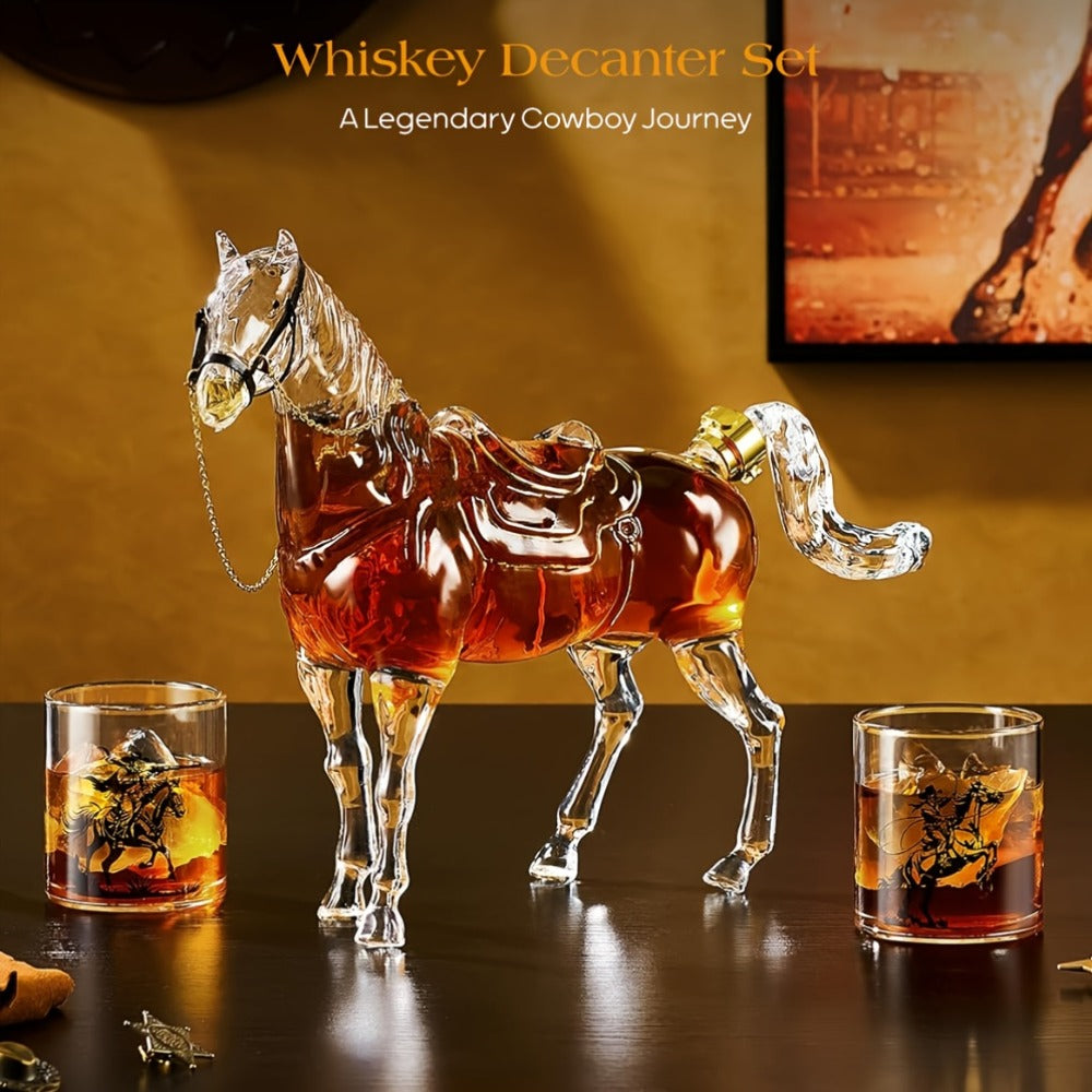 Horse Whiskey Decanter Set with 2 Cowboy Glasses ¨C Western Bar Gift for Men, Bourbon Vodka Liquor Dispenser, Cowboy Style Home Bar Decanter