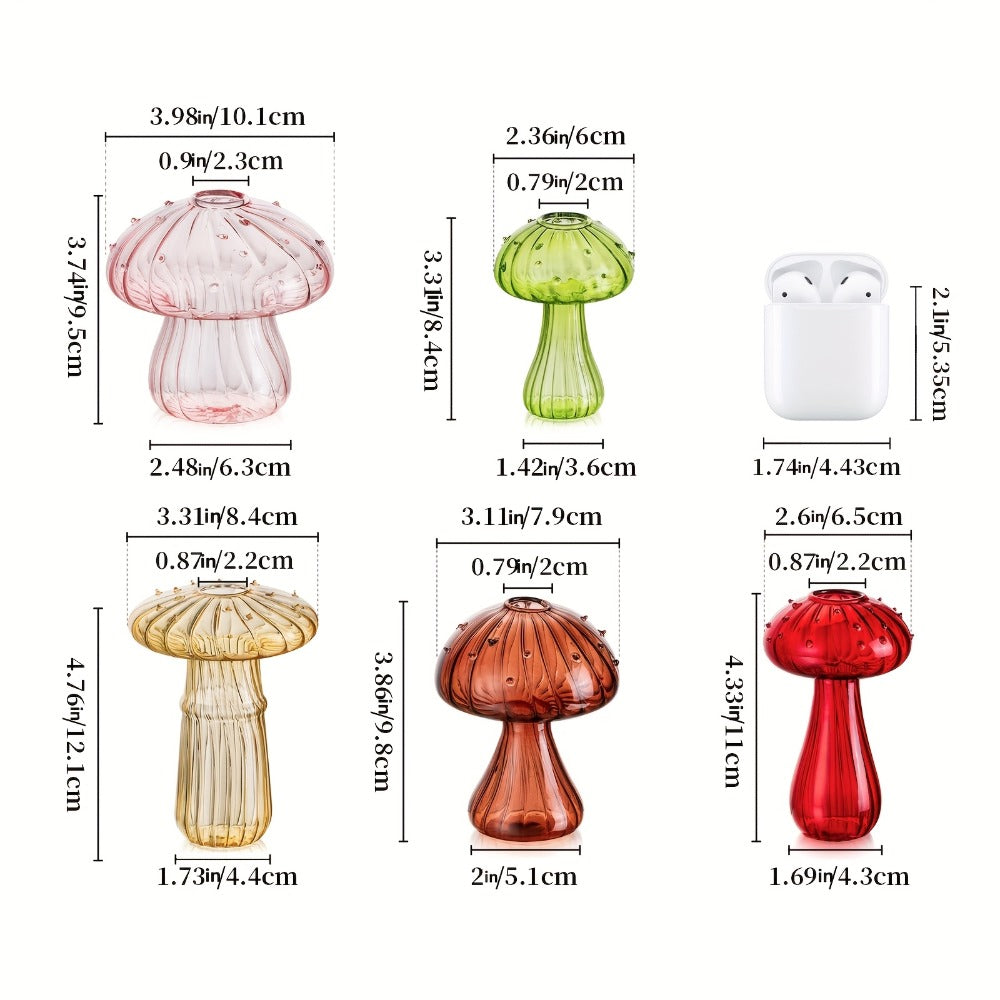 Glass Mushroom Vase Set 10 Pack Colored Small Bud Vases for Flowers, Cute Cottagecore Hydroponic Propagation Vases with Stripe Pedestal Design for Home Room Kitchen Office Windowsill Decor
