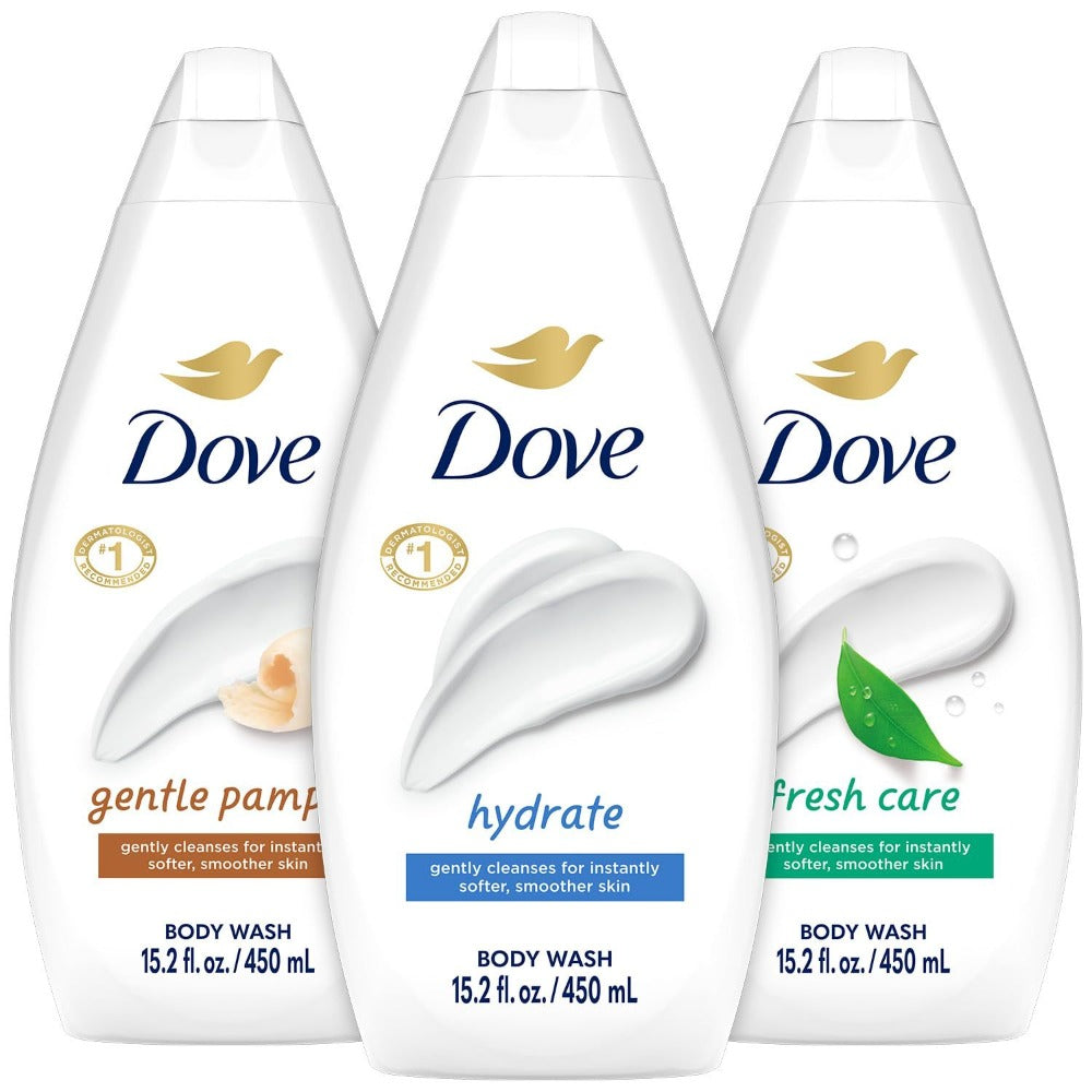 Dove Body Wash 3ct Variety Mix Pack 450ml 15.2 fl oz Each Moisturizing Nourishing Shower Gel Set for Soft Smooth Skin Men Women Daily Use