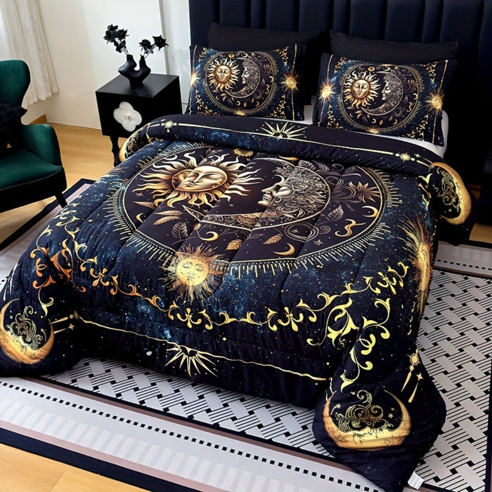Sun Moon Planet Comforter Set 3pcs Digital Print Quilted Bedding 1 Comforter 2 Pillowcases 180GSM Soft Breathable Black Celestial Bedroom Decor Twin Full Queen King Size Dormitory