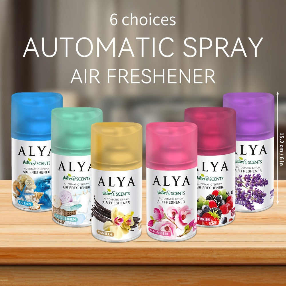 Automatic Spray Air Freshener Refill 8.45oz 1pc or 4pcs - 6 Scents Lavender Vanilla Cool Linen Ocean Mixed Berries Magnolia, Odor Fighting Room Spray for Car Office Home Bathroom Kitchen Fabric Closet