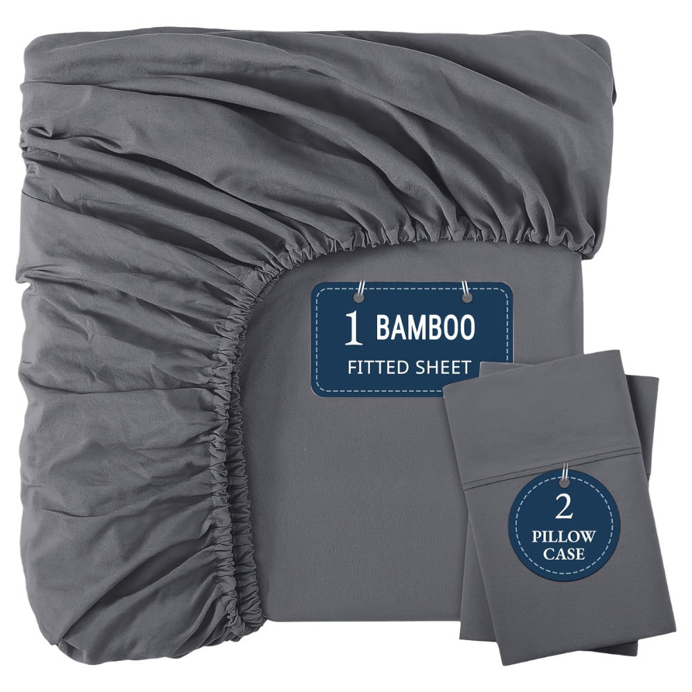 Bamboo Fitted Sheet Set 3-Piece ¨C Cooling Breathable Soft Deep Pocket Bed Sheets, Twin Full Queen King, 12 Colors ¨C Fits Mattress Up to 15¡±