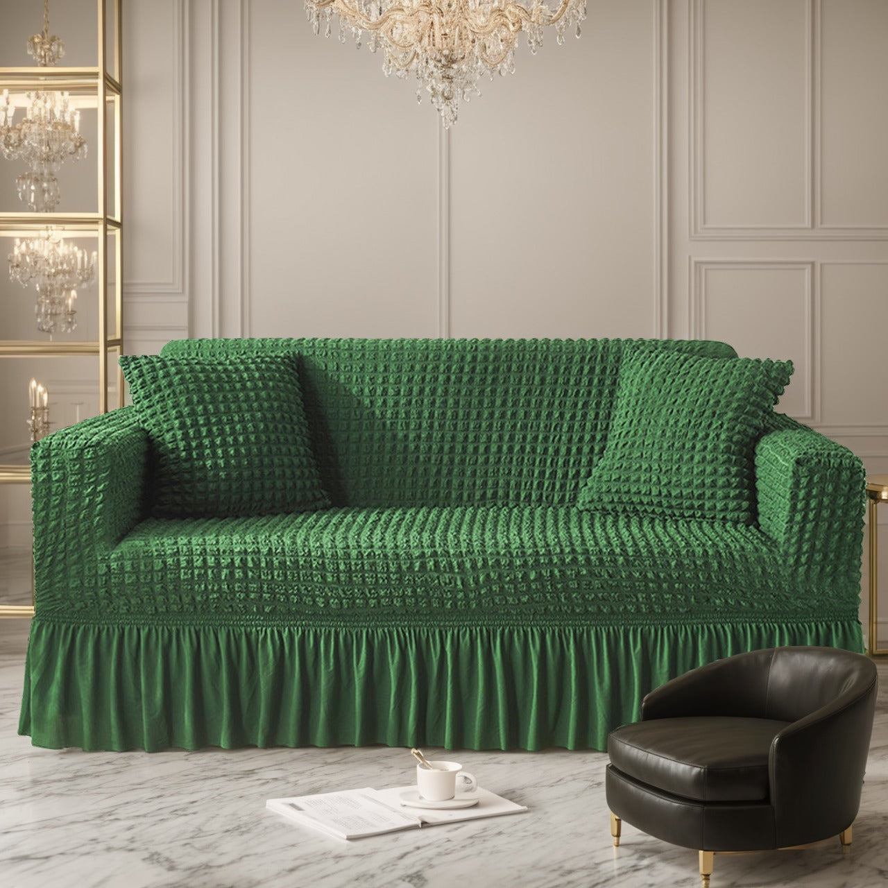 Seersucker Sofa Slipcover with Skirt High Elastic Stretch Drawstring Durable Washable Couch Cover for 1 2 3 4 Seater Armchair - 8 Colors Coffee Gray White Green Blue